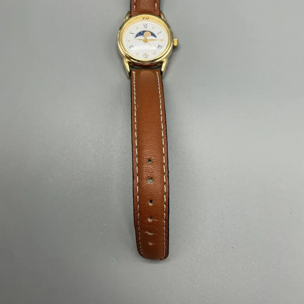 Boeing Womens Watch 25mm Day Night Moon Phase Gold Tone Leather Date New Battery